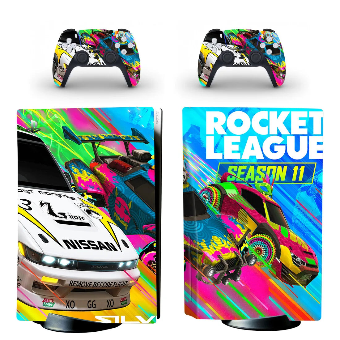 Pegatina adhesiva de vinilo para consola PS5 y 2 mandos, diseño de Rocket League, edición disco