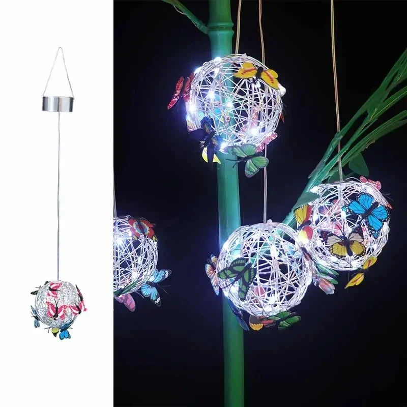 Luz de bola Solar para exteriores con luz de mariposa, lámpara colgante decorativa, LED, impermeable, luz colgante para jardín, decoración de patio, noche