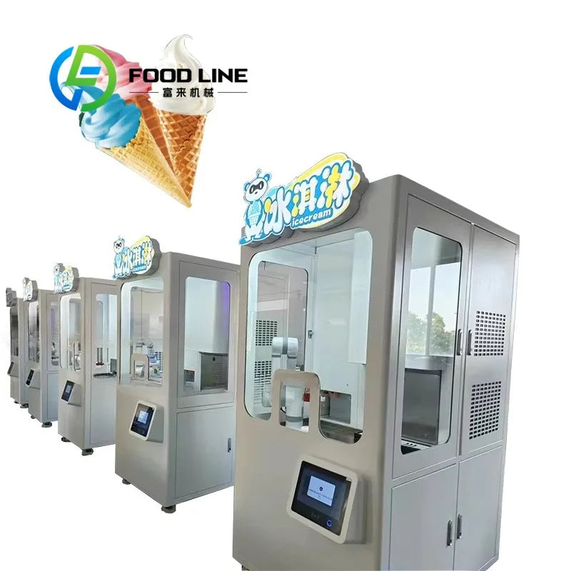 Máquina expendedora robótica de helado suave plateada con panel y brazo