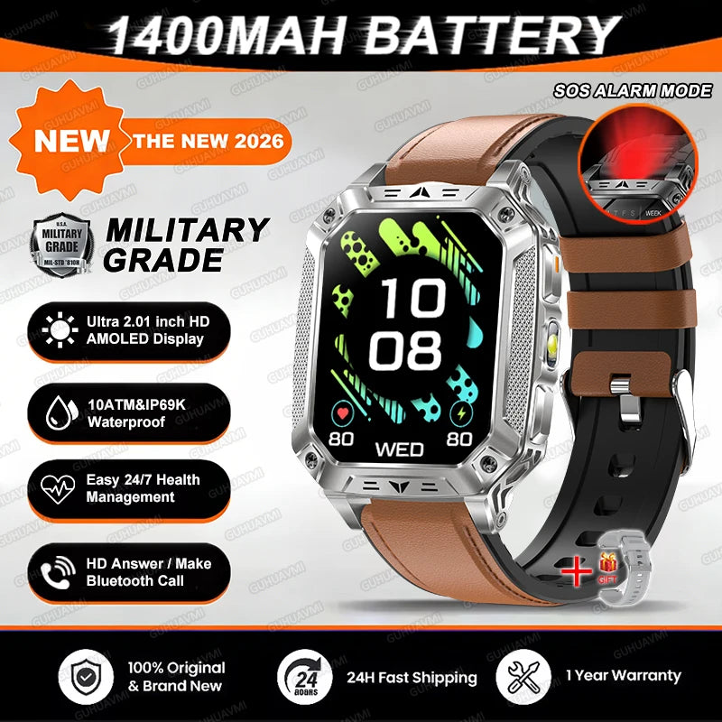 Reloj inteligente militar 2026 TANK, nuevo, 1400 mAh, GPS, pantalla AMOLED de 2.01", resistente al agua 10ATM, reloj, llamada SOS, linterna, para hombre, compatible con iOS