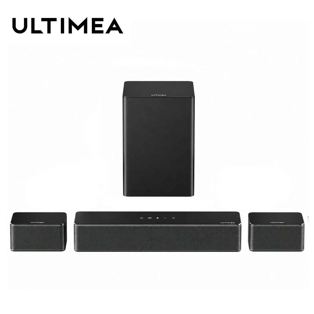 Sistema de barra de sonido con subwoofer y dos altavoces traseros, acabado negro.