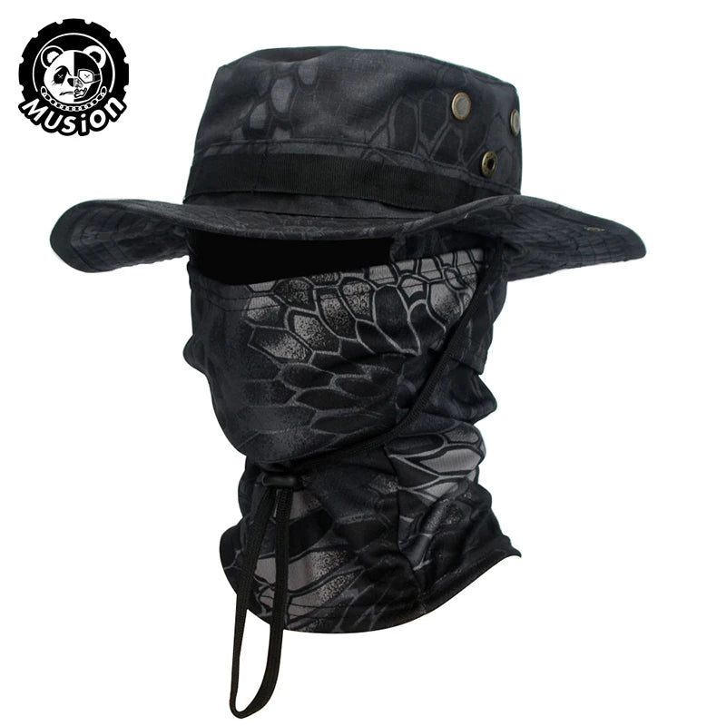 Conjunto de gorro de pescador con ala ancha y pasamontañas de camuflaje Musion para hombre, gorra tipo boonie para exteriores, sombrero de protección solar para pesca