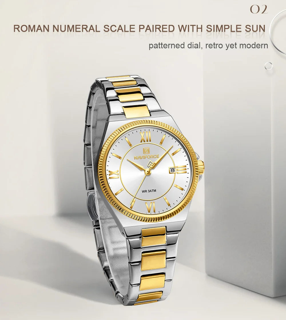 NAVIFORCE Women's Casual Stainless Steel Watch 3ATM Waterproof Date Display Classic Casual Daily Wristwatch Reloj Mujer Gift Box