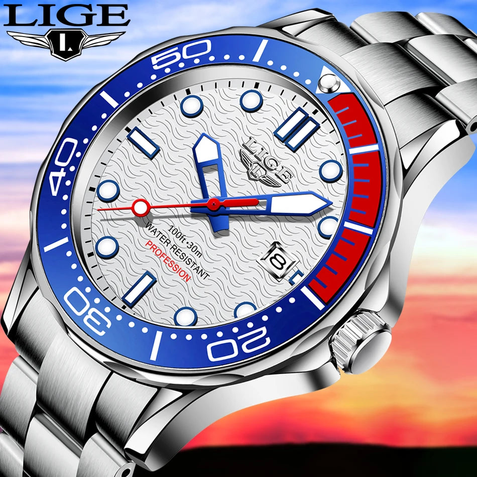 2025 LIGE Nuevos Relojes de Negocios para Hombres Reloj de Buceo de Lujo de Primera Marca para Hombres Reloj Deportivo con Fecha Resistente al Agua Reloj Masculino+Caja