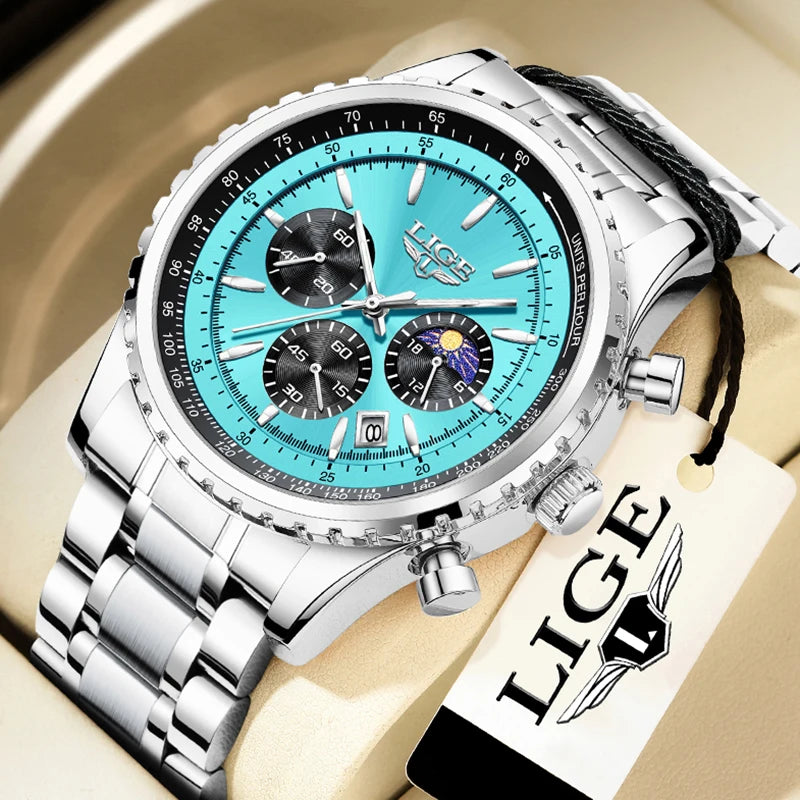 Reloj para hombre LIGE, nuevo reloj de acero completo, resistente al agua, luminoso, de cuarzo, de moda, militar, con fecha y cronógrafo.