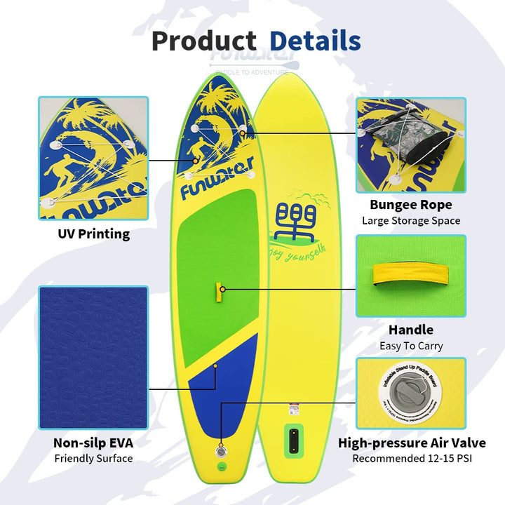 Paddle surf hinchable Funwater SUPFW28D, 350x87x15cm, 190kg+, tabla SUP amarilla, verde y azul con palmeras para rutas por aguas tranquilas, yoga, pesca y escapadas al lago, kit de accesorios incluido
