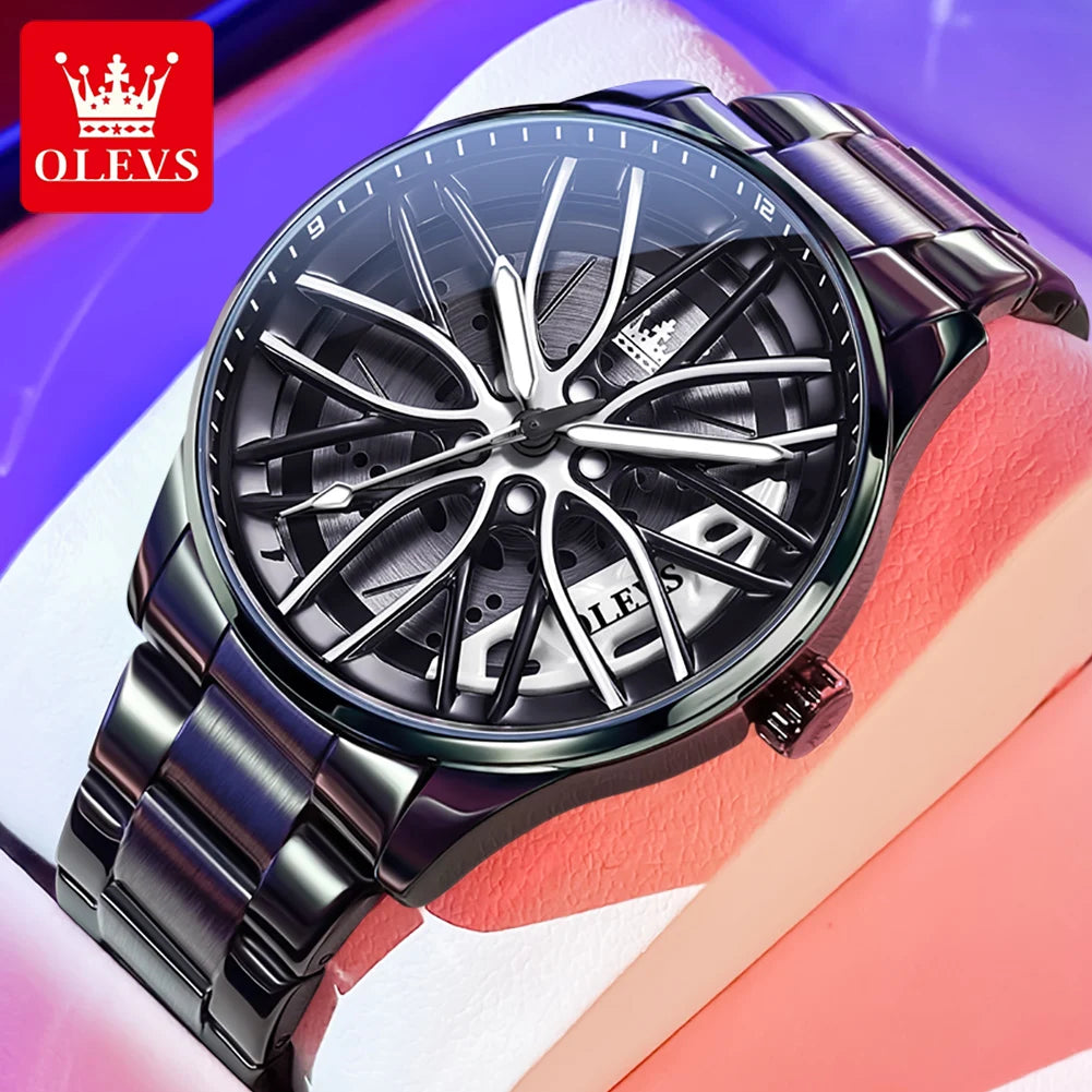 Reloj de lujo para hombre OLEVS 9937, resistente al agua, diseño de llanta de coche deportivo, reloj de cuarzo para hombre, de alta calidad, a la moda, el más vendido, luminoso.