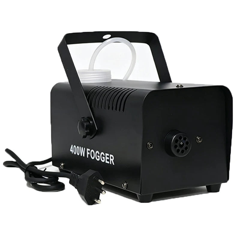 Máquina de humo para escenarios de 400 W, equipada con control por cable y mando a distancia inalámbrico, que crea efectos de niebla para diversas ocasiones escénicas.
