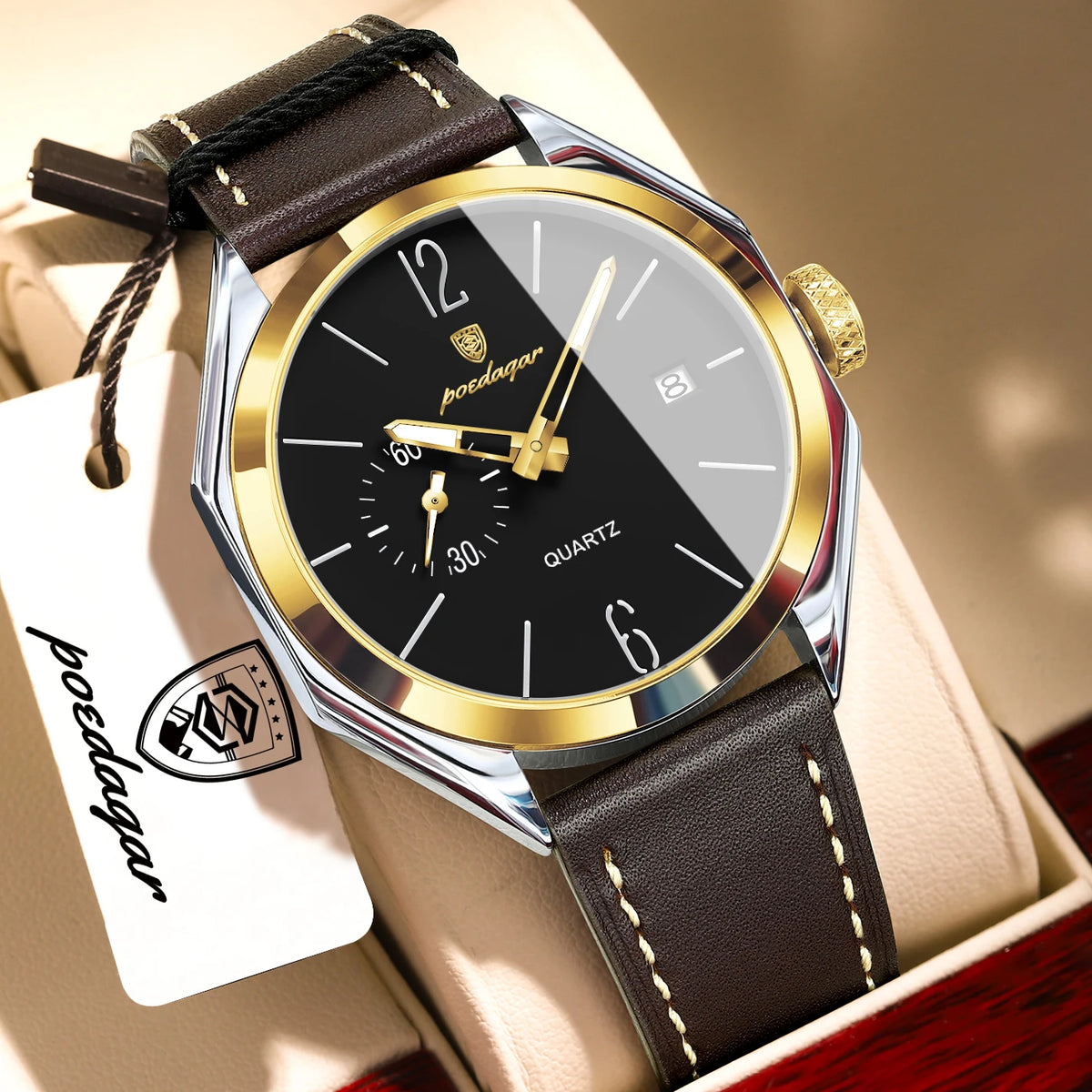 Reloj de hombre POEDAGAR de alta moda, con correa de piel, fecha, cuarzo, estilo negocios, resistente al agua, luminoso y casual