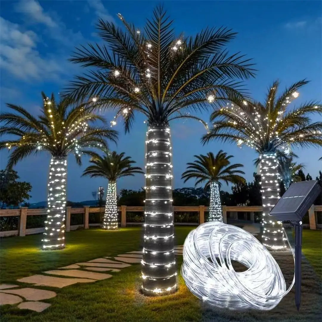 Guirnaldas de luces alimentadas por energía Solar para exteriores, tira LED impermeable, lámpara de tubo de cuerda, guirnalda de hadas navideña, luces para jardín, árbol, valla de patio
