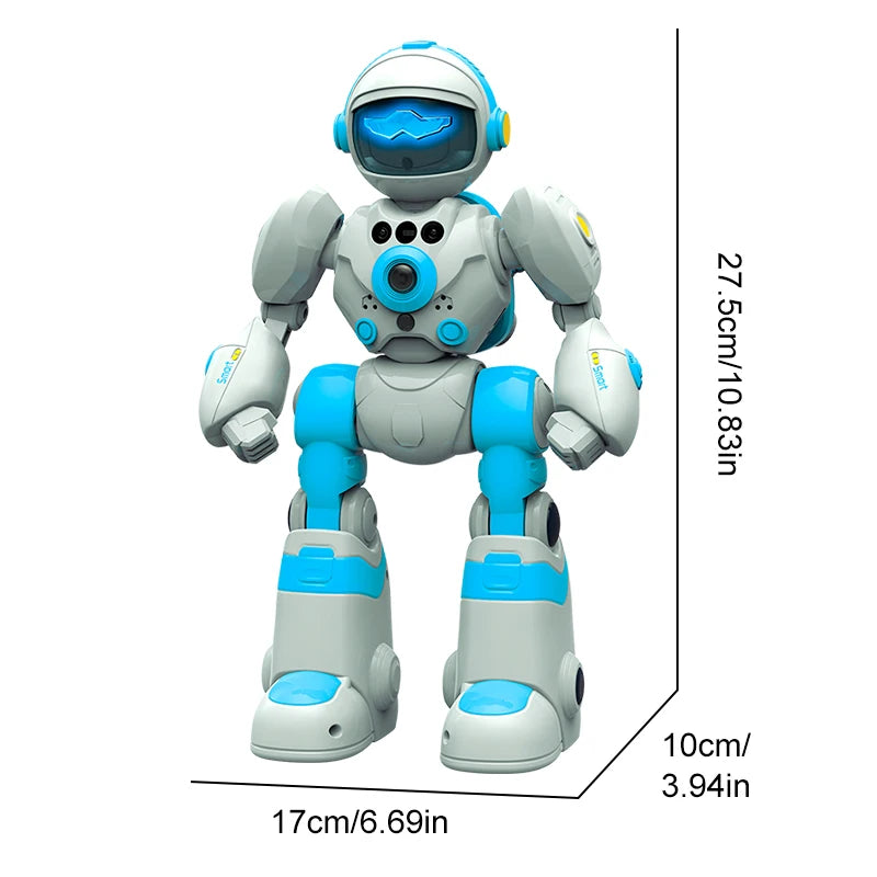 Robot azul y blanco de cuerpo completo con visor frontal, diseño compacto y patas anchas
