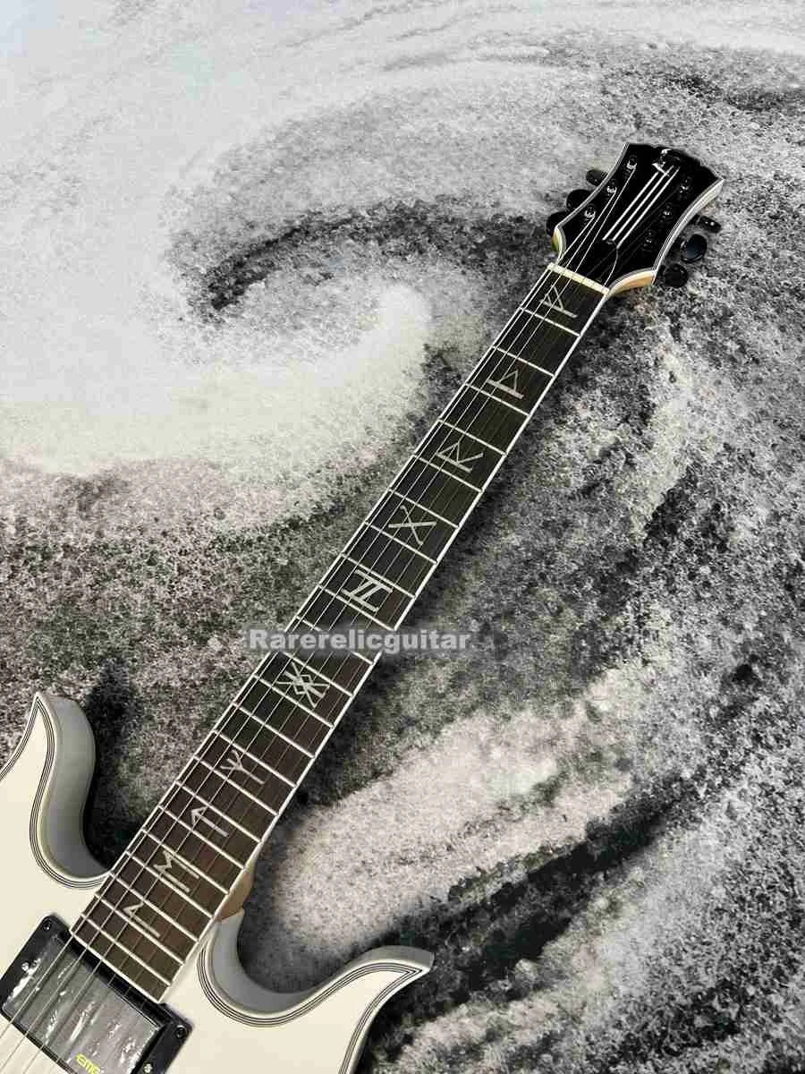 Guitarra eléctrica personalizada de 6 cuerdas, color blanco, Wylde Audio Doom Crew Inc., herrajes negros, pastillas EMG activas de China, caja de batería de 9V.