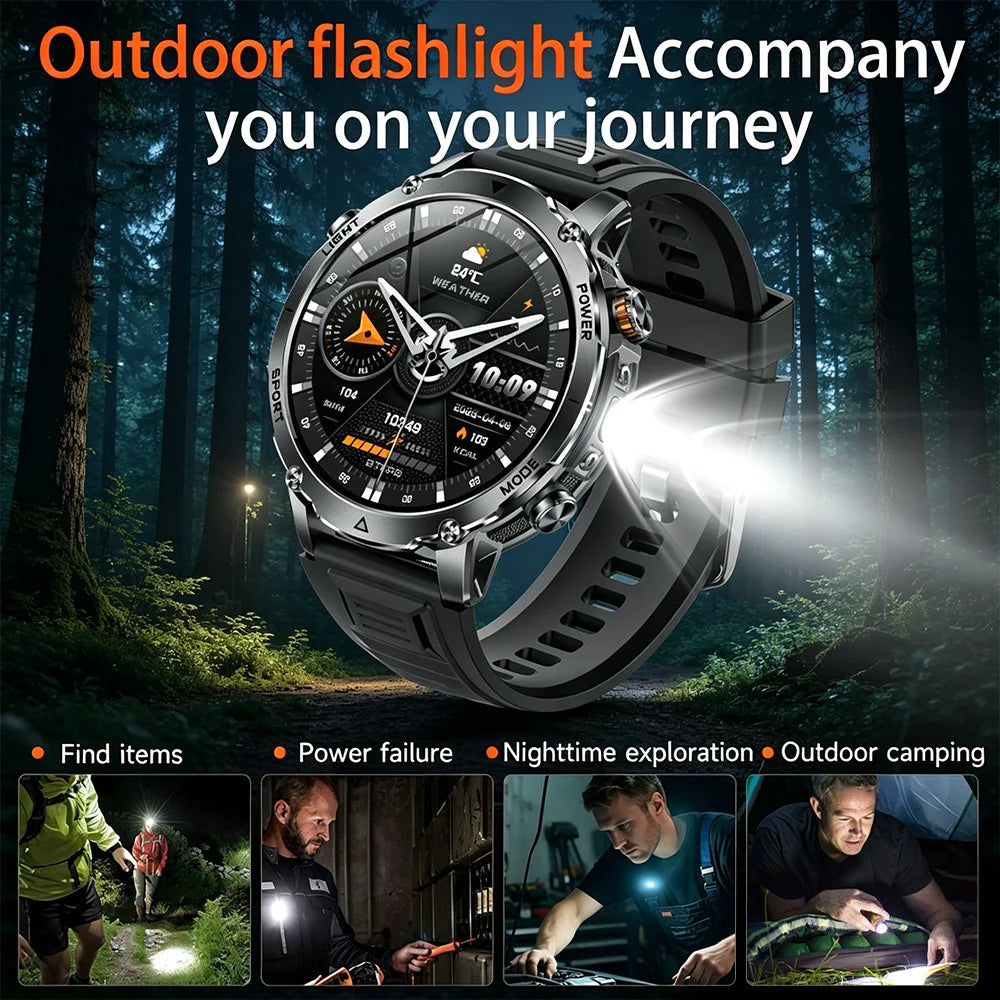 Reloj inteligente militar 2026, batería de 1400 mAh, linterna exterior para hombre, resistente al agua IPX8, más de 100 deportes, llamadas Bluetooth, pulsera de fitness
