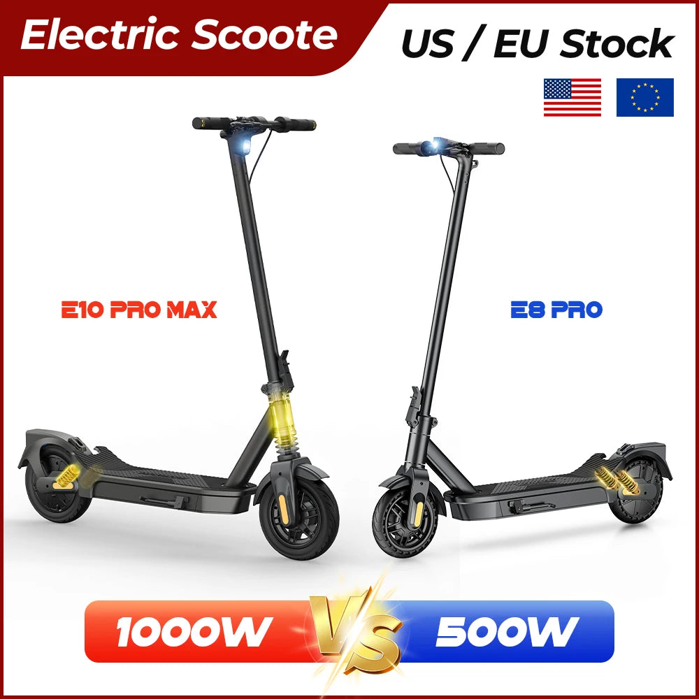 Patinetes eléctricos plegables negros, vista frontal y lateral de dos modelos