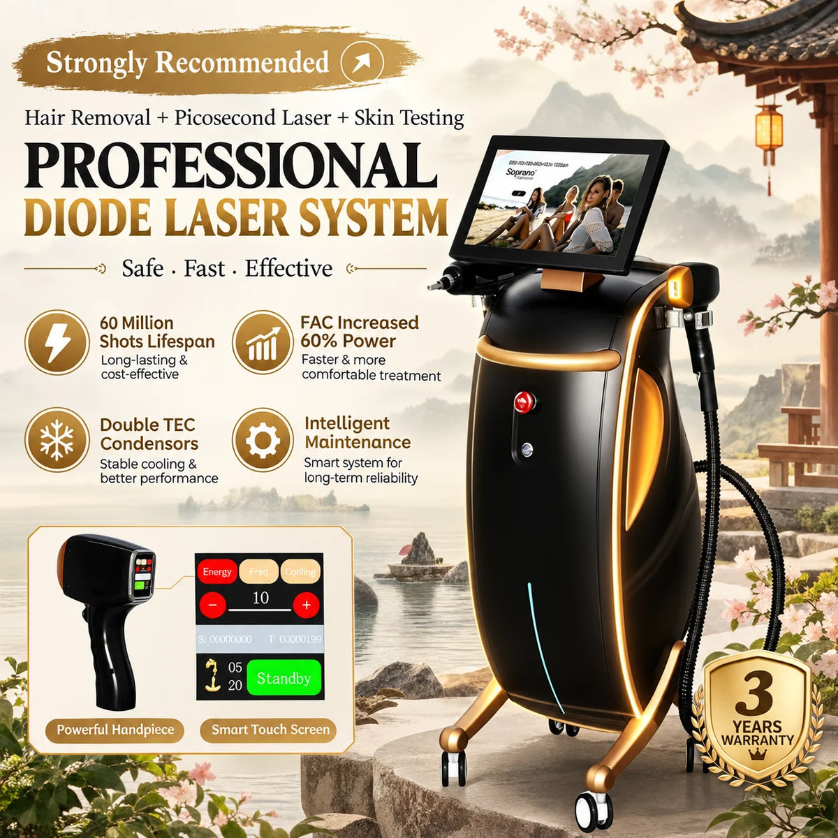 Equipo Láser Multifuncional 3 en 1, Depilación con Diodo, Eliminación de Tatuajes con Picosegundos, Analizador de Piel y Cabello para Salón