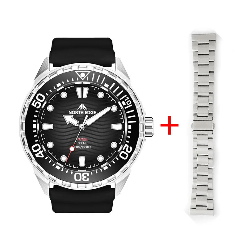 NORTH EDGE 2025 Nuevo reloj de buceo TRITON con energía solar para hombre, relojes de cuarzo de lujo para hombre, caja de acero inoxidable 316L, resistente al agua 300M