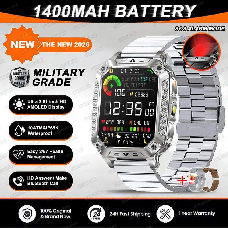 Reloj inteligente militar 2026 TANK, nuevo, 1400 mAh, GPS, pantalla AMOLED de 2.01", resistente al agua 10ATM, reloj, llamada SOS, linterna, para hombre, compatible con iOS