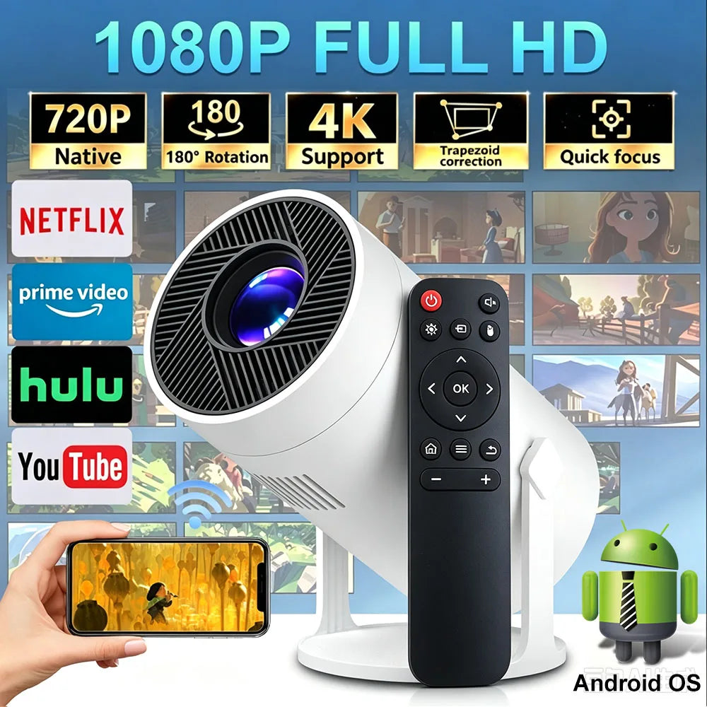 Mini proyector portátil con resolución nativa de 720p, compatible con 4K y 1080p, proyección Full HD en pantalla grande, conexión WiFi, ideal para el cine en casa, proyector inteligente con sistema Android.