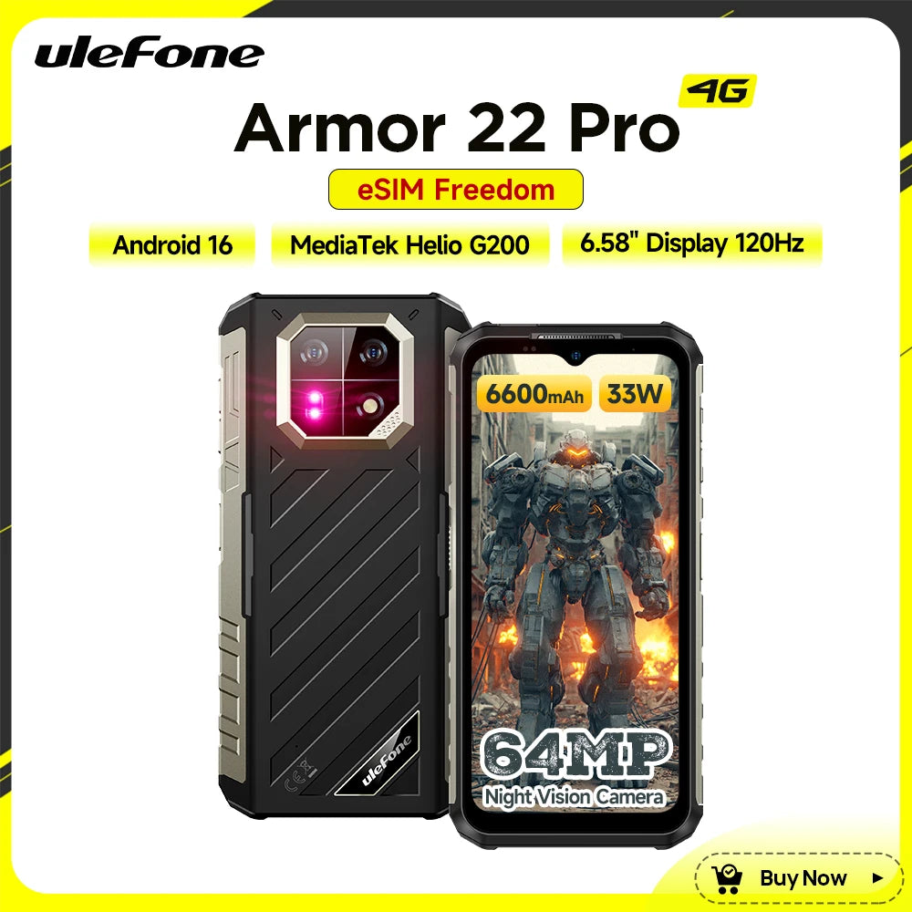 【eSIM】Ulefone Armor 22 Pro Smartphone resistente Android 16 MTK G200 hasta 16GB RAM Pantalla de 6.58" 6600mAh Versión nocturna de 64MP
