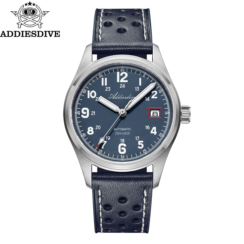 Reloj automático para hombre ADDIESDIVE NH35, reloj de lujo con cristal de zafiro, correa de cuero o acero inoxidable, luminiscencia BGW9 y resistencia al agua de 200 m