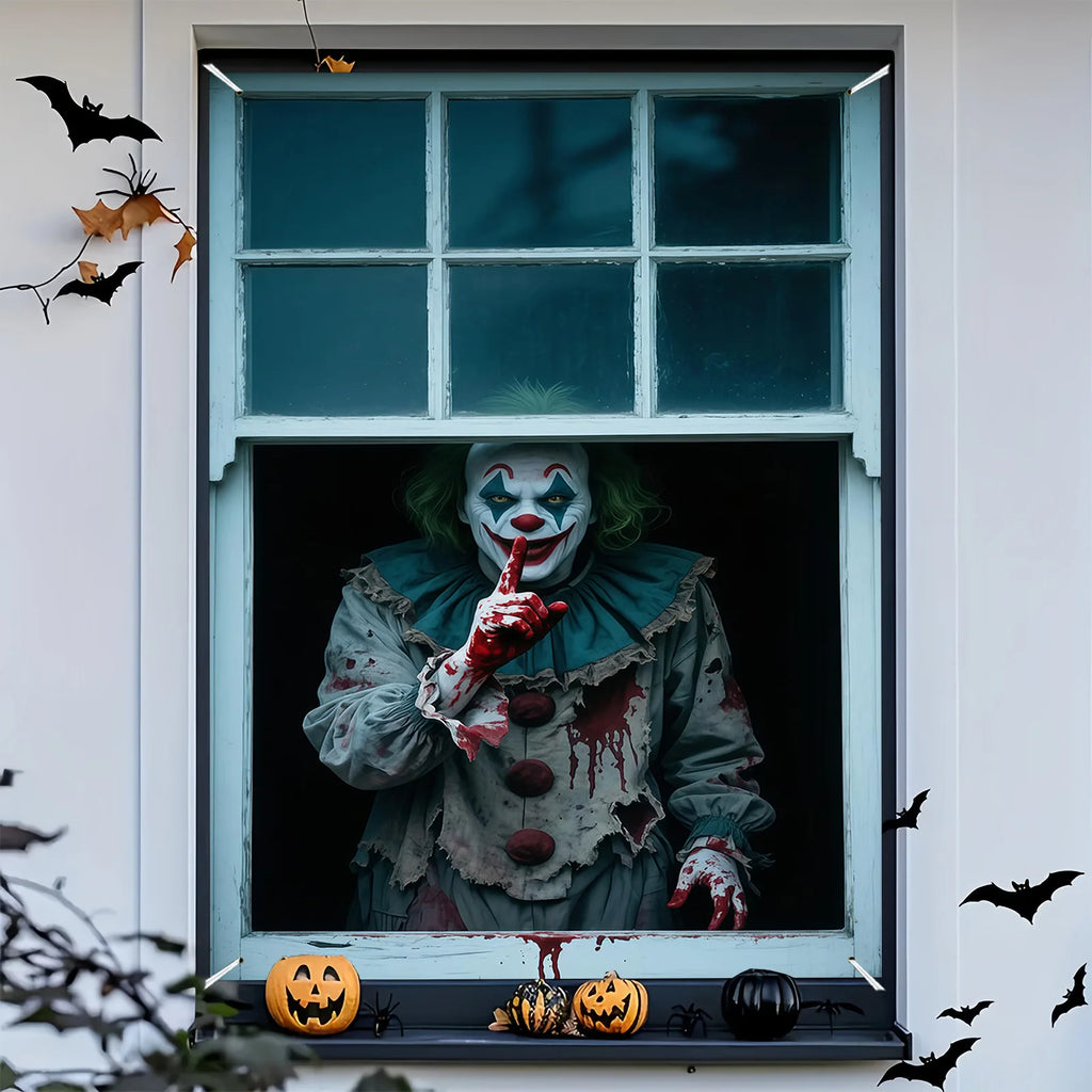 Banner plano 2D de 1 pieza para fiesta de Halloween - Diseño de payaso de carnaval de terror y sangre, decoración colgante de poliéster