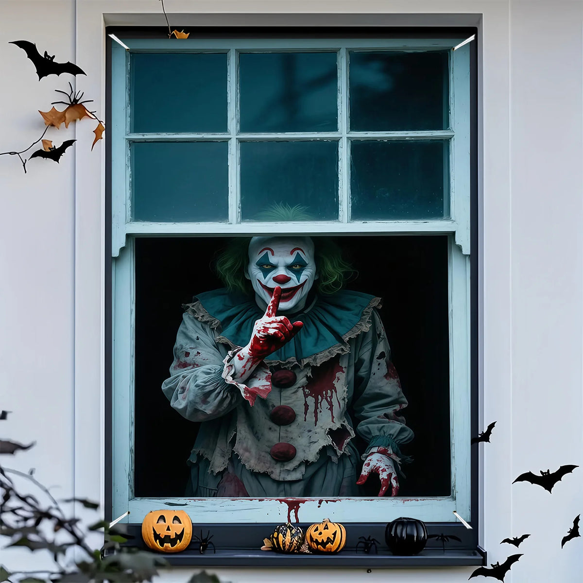 Banner plano 2D de 1 pieza para fiesta de Halloween - Diseño de payaso de carnaval de terror y sangre, decoración colgante de poliéster