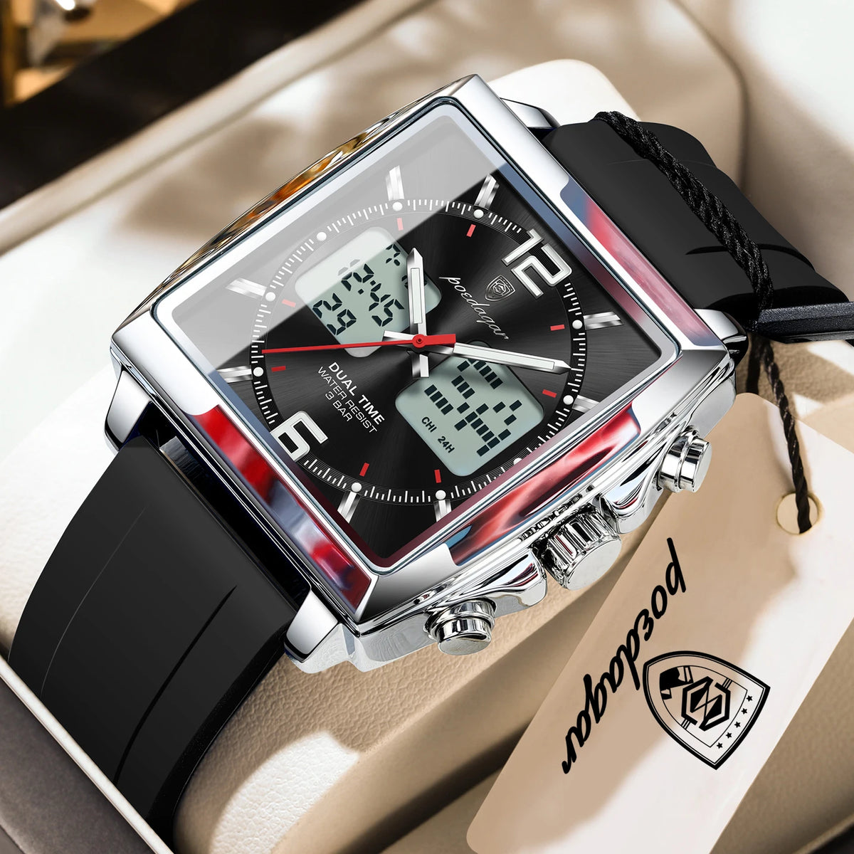Reloj de pulsera para hombre POEDAGAR Fashion Square, cronógrafo de cuarzo con alarma LED, fecha y día, reloj militar electrónico