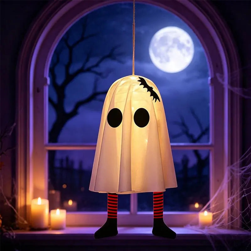 Luces colgantes LED de Halloween con diseño de fantasma, decoraciones de linterna fantasma con sombrero de mago brillante, adornos colgantes espeluznantes para habitación y hogar