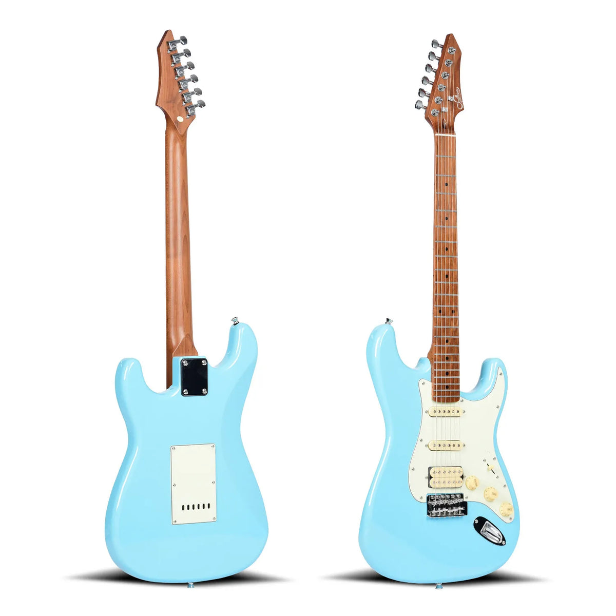 Guitarra eléctrica de estilo rock ST PRO 22, con trastes, pastillas Alnico 5 HSS, mástil de arce, cuerpo con acabado brillante, herrajes cromados, 6 cuerdas, ideal para guitarristas de rock.