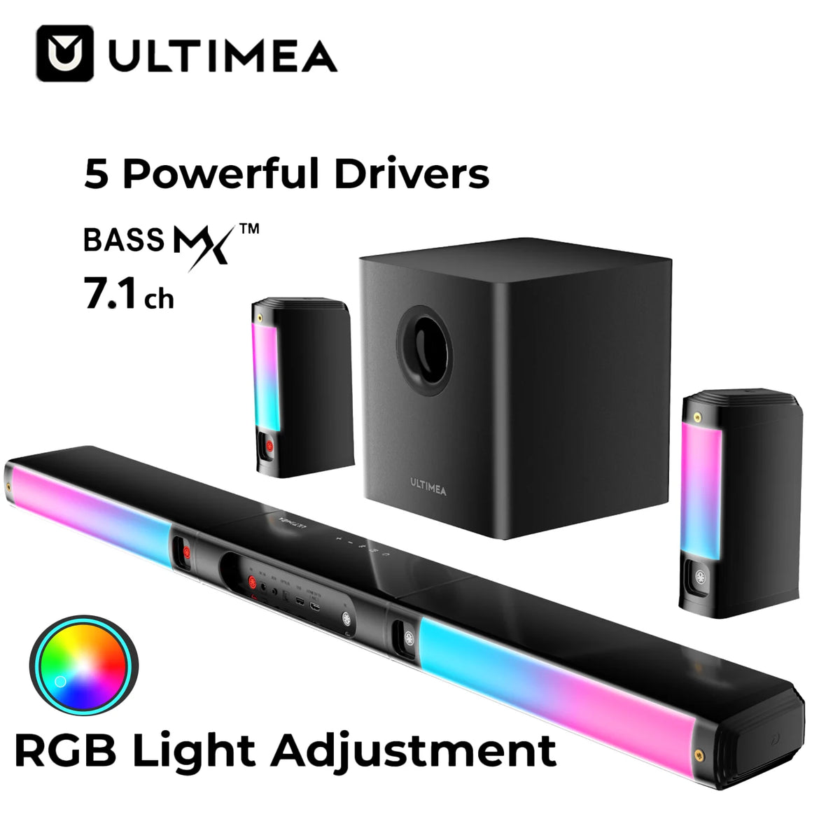 ULTIMEA Apollo S90 Barra de Sonido Desmontable 9.1ch Dolby Atmos, Sistema de Cine en Casa Premium para TV con Subwoofer Inalámbrico, Luz Ambiental RGB, Sonido Envolvente Inmersivo