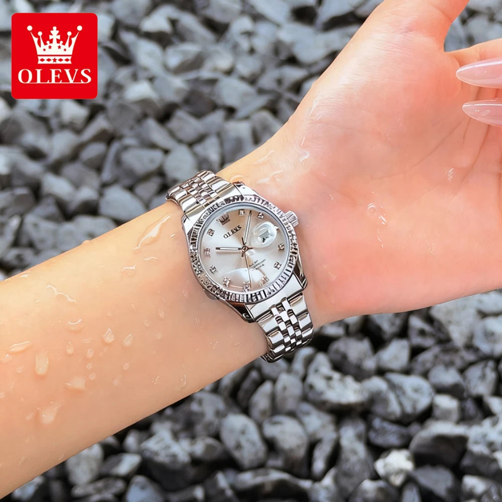 OLEVS Women's Watches Trend Fashion Silver Stainless Steel Original Brand Wristwatch Big Date Texture Threaded Bezel Waterproof