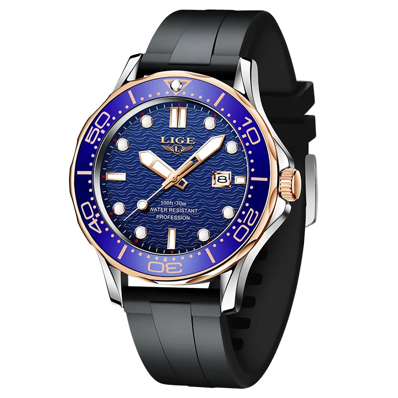 LIGE Nuevo Reloj de Negocios para Hombre, Reloj de Buceo de Lujo de Marca Superior en Azul para Hombre, Reloj Deportivo Impermeable con Fecha, Relogio Masculino, con Caja