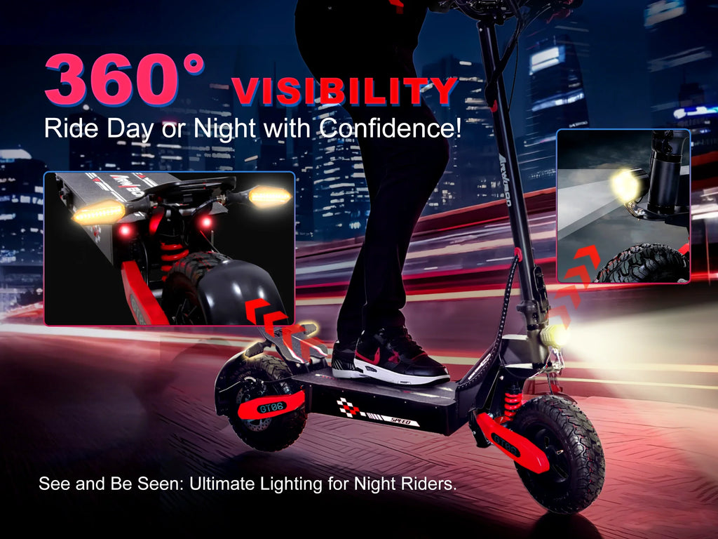 Patinete eléctrico con luces delantera y trasera, vista lateral para visibilidad 360°