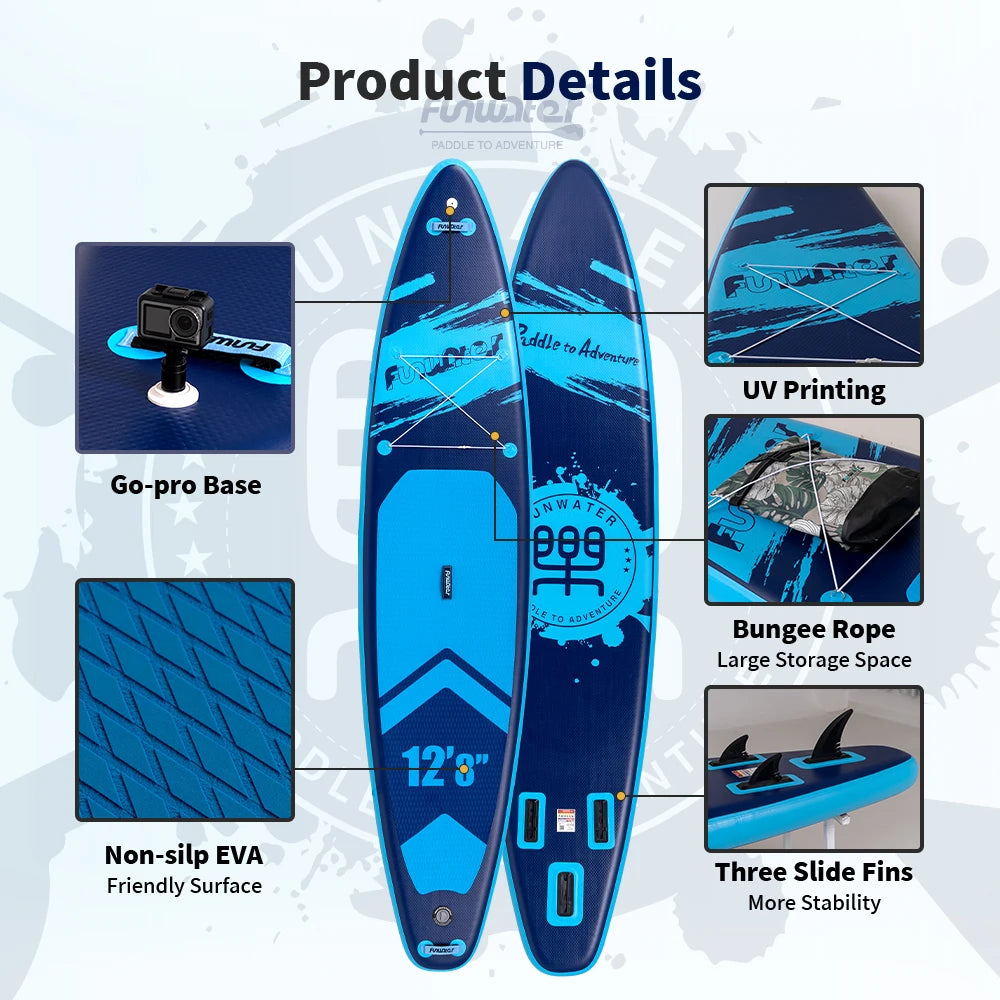 Tabla de paddle surf inflable Funwater (385x85x15 cm), capacidad de carga de 230 kg, superficie antideslizante, incluye 2 remos, 2 correas de seguridad, 2 bolsas impermeables, soporte para GoPro, bomba de aire y mochil