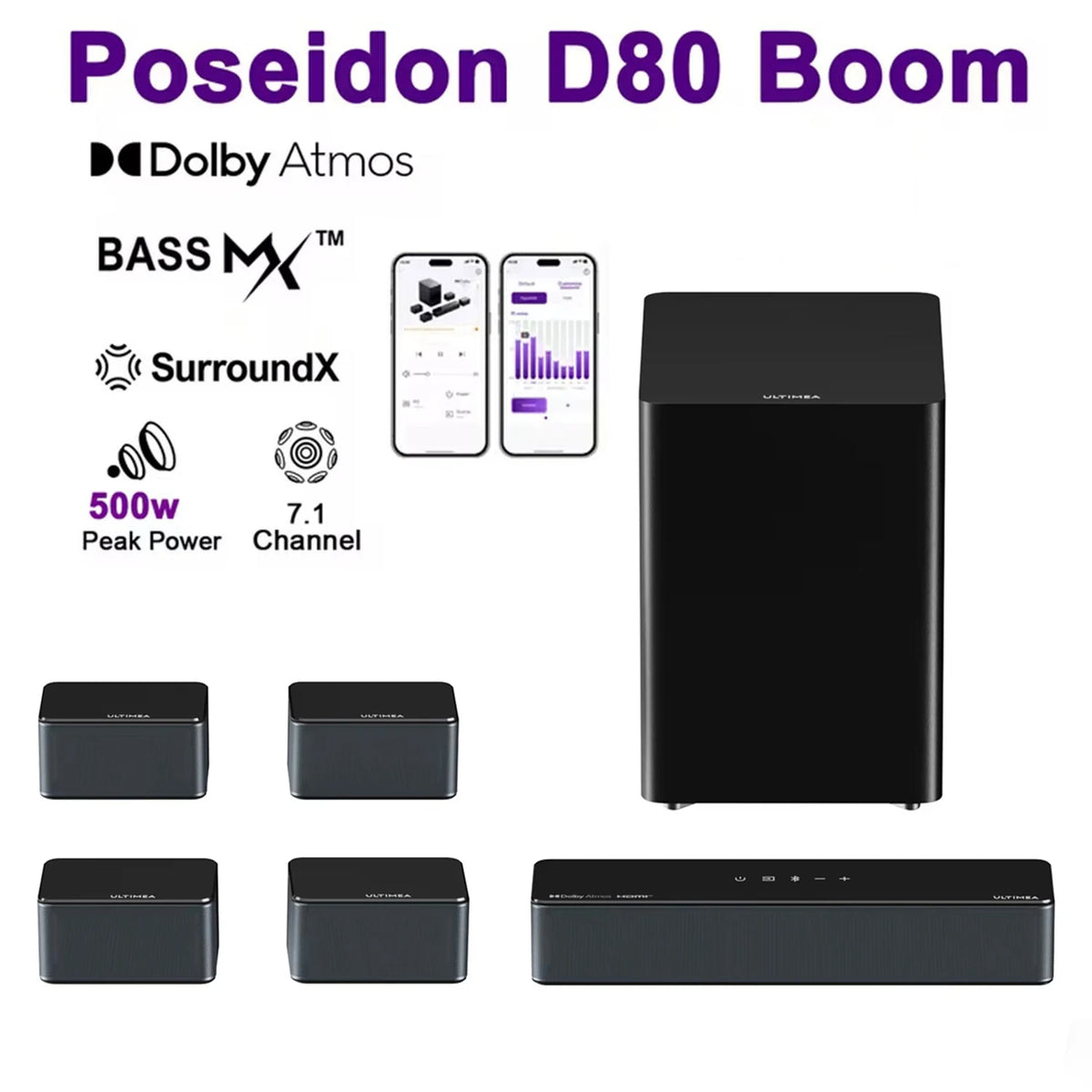 Sistema de altavoces con barra de sonido negra, subwoofer y altavoces satélite