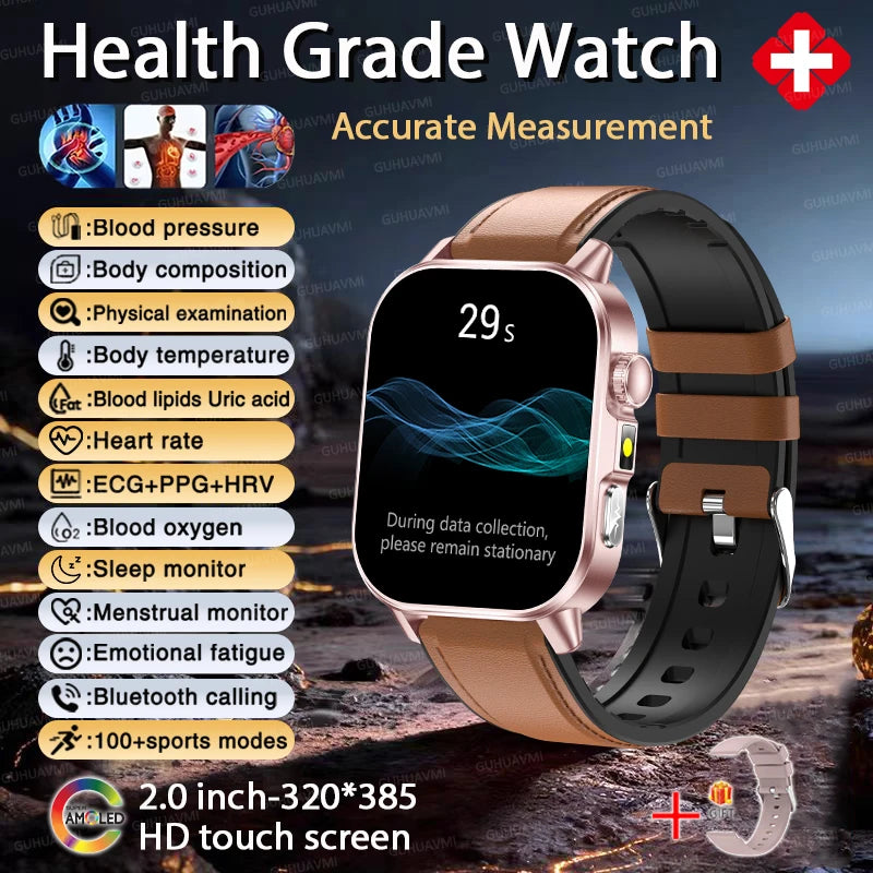 Reloj inteligente de enfermería de alta gama 2026 para hombre, ECG+PPG, presión arterial precisa, lípidos, ácido úrico, pantalla AMOLED de 2.0 pulgadas, reloj de llamadas HD para hombre