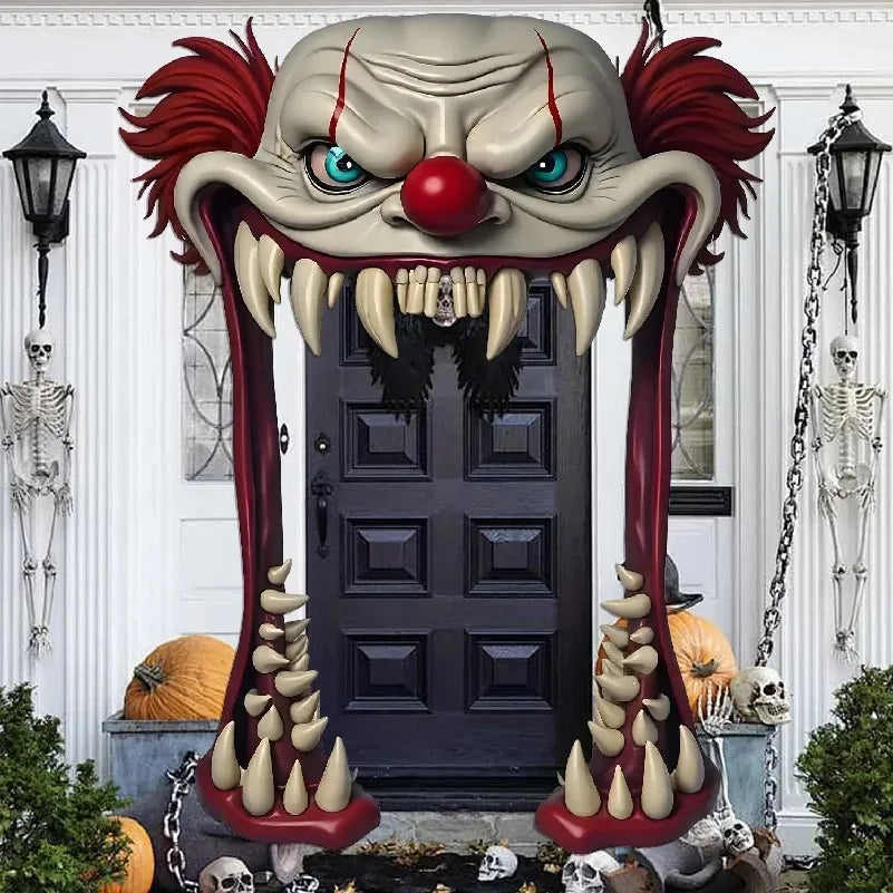 Cortina de puerta de payaso espeluznante de Halloween con boca grande abierta, decoración de terror para puerta principal de casa embrujada, fiesta de Halloween