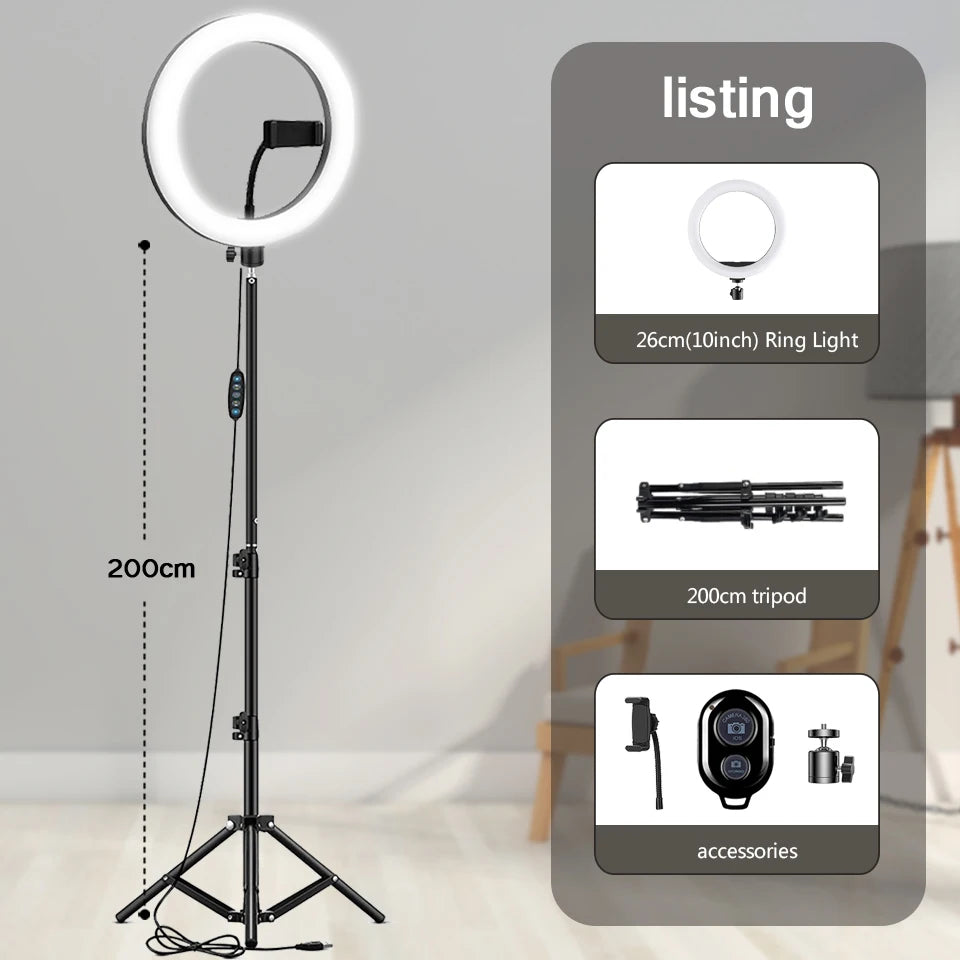 Anillo de luz LED para Selfie de 10 "y 26cm, luz para fotografía y vídeo, soporte para teléfono, trípode, luz de relleno, lámpara regulable, transmisión Trepied