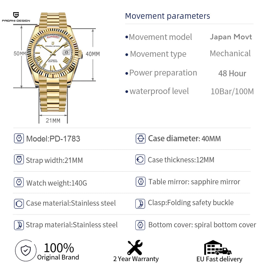 Relojes para hombre PAGANI DESIGN DD40, reloj automático de lujo en color oro y blanco, movimiento japonés, fecha y semana, relojes mecánicos para hombre, novedad 2026
