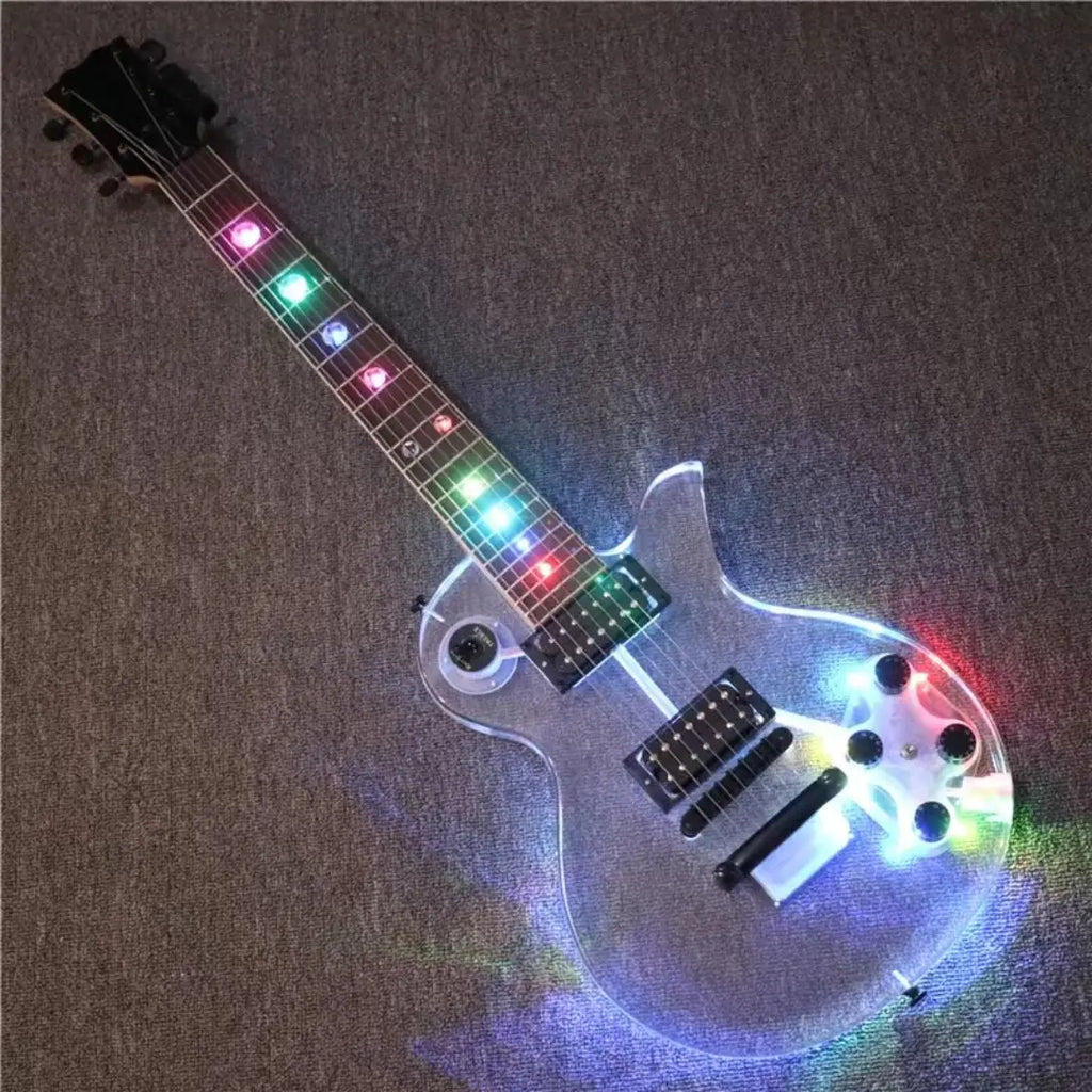 Bajo eléctrico profesional de 7 cuerdas, cuerpo acrílico, luces LED cambiantes, parte superior sólida, palisandro/acero, ukelele barato, ébano mate