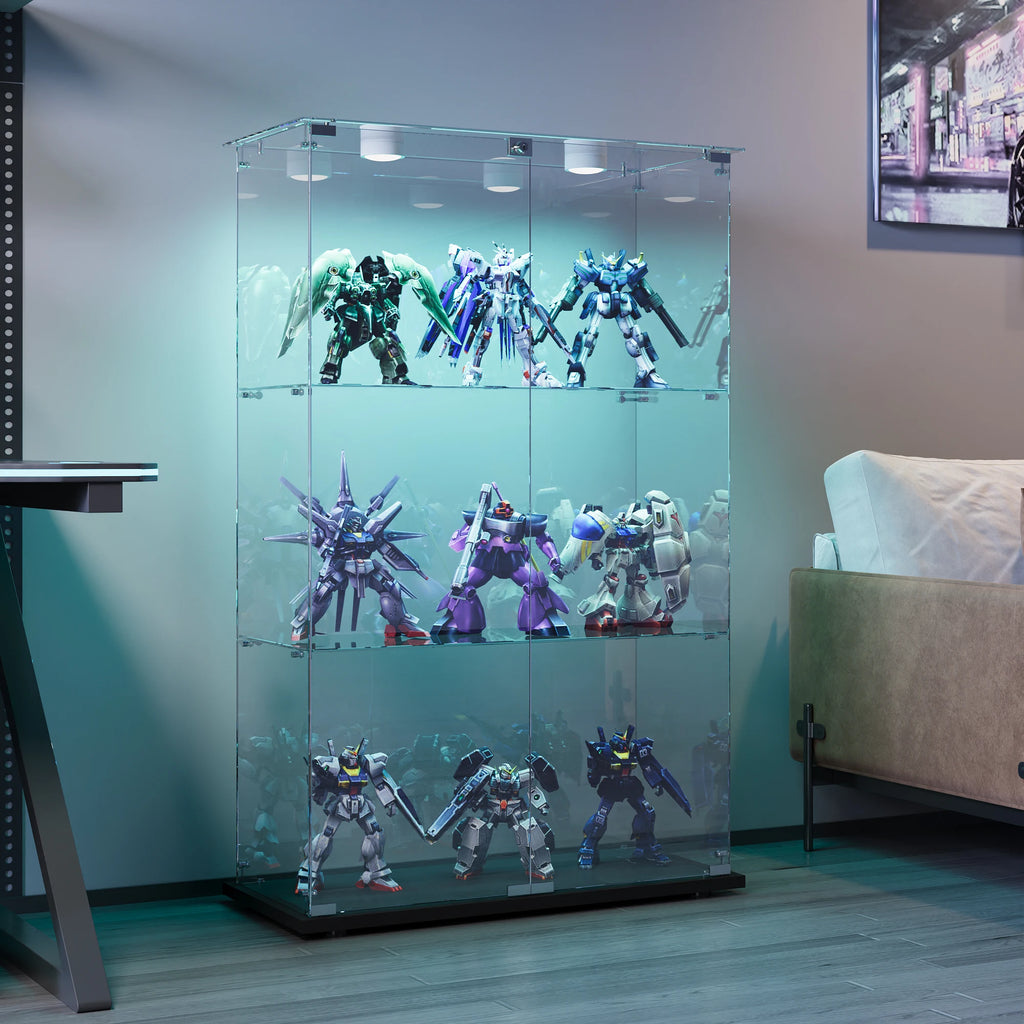 Glass Display Cabinet with LED Lighting, Standing Glass Display Cabinet with 3 Glass Shelves and 2 Glass Doors, Lockable, Display Cabinet for Living Room, Office, Collectibles, Books, Wine, White