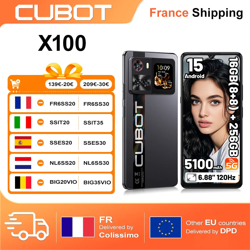 Smartphone Cubot X100 16GB(8+8) RAM+256GB ROM Cámara de 64MP 5100mAh Android 15 Dimensity 7025 5G, pantalla de 6.88" 120Hz 33W NFC