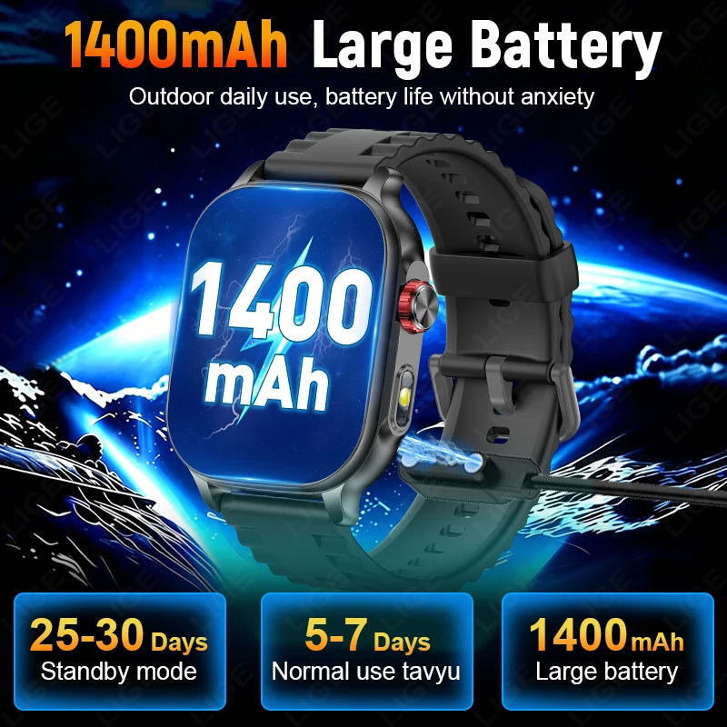 Reloj inteligente LIGE New Fashion de 1400 mAh para hombre, deportivo, resistente al agua IP68, con monitor de frecuencia cardíaca 24 horas integrado, llamadas Bluetooth, reloj inteligente para mujer