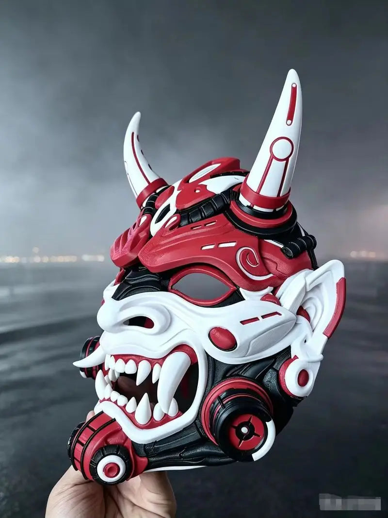 Máscara Genérica de Demonio Oni Cyberpunk para Disfraz de Halloween, Accesorio de Cosplay, Máscara Hannya de Samurai Roja, Blanca y Negra para Fiesta