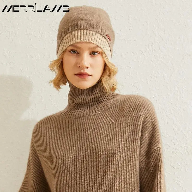 MERRILAMB-Sombrero de Cachemira para mujer, gorros gruesos y cálidos con orejeras, capucha, de punto, 100%