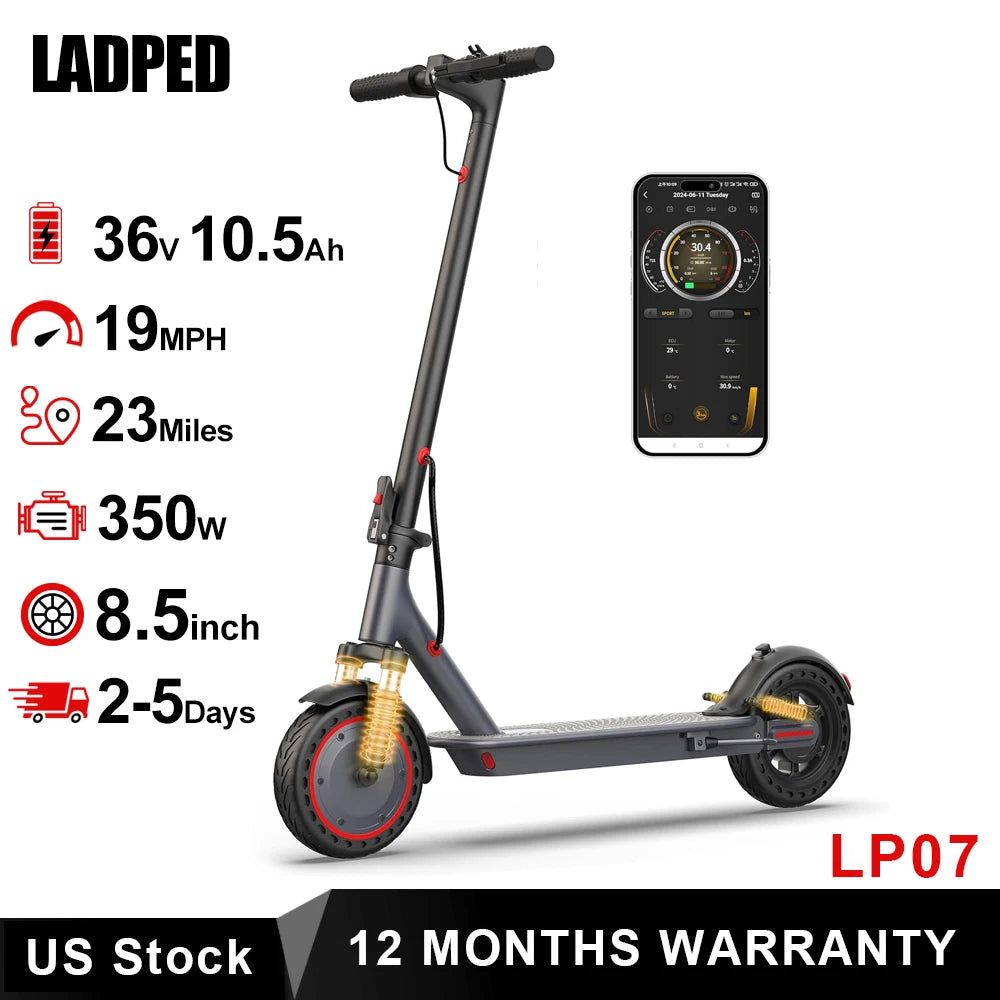 Patinete eléctrico plegable negro con ruedas de 8,5 pulgadas y control por app.