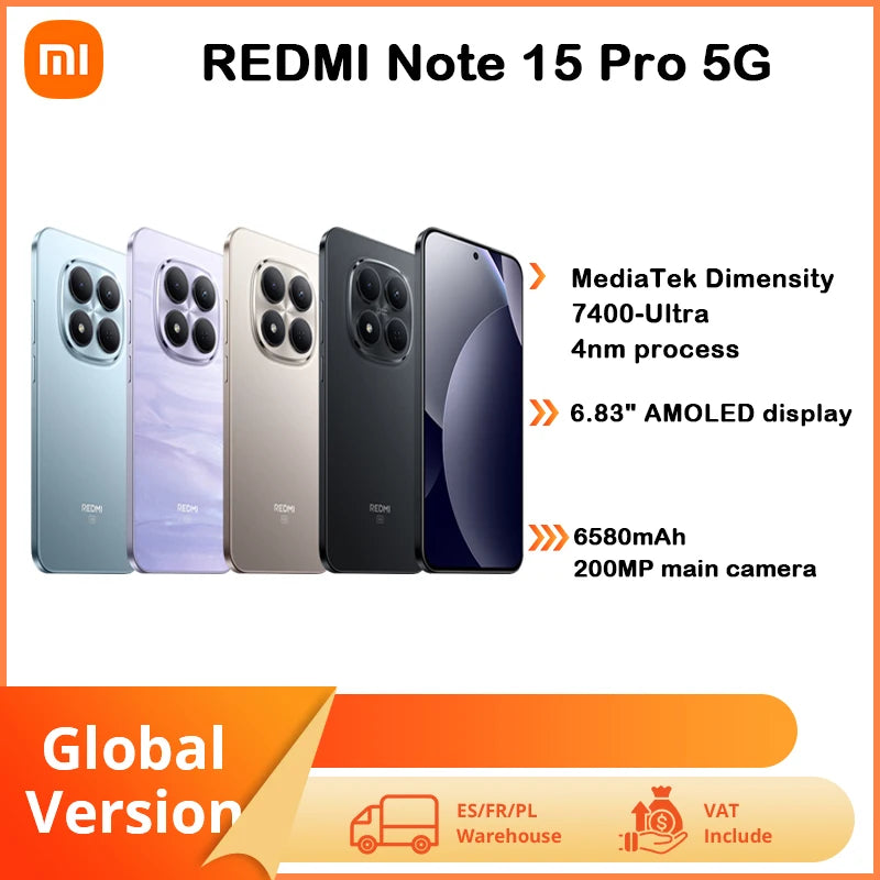 Smartphone Xiaomi Redmi Note 15 Pro 5G, NFC, procesador MTK Dimensity 7400-Ultra, pantalla de 6,83 pulgadas a 120 Hz, cámara de 200 MP, carga de 45 W, batería de 6580 mAh