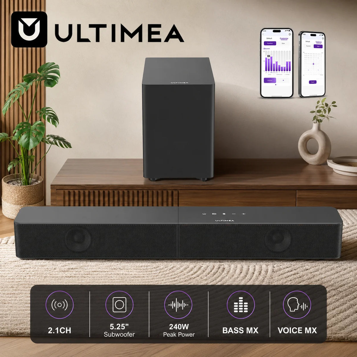 Barra de Sonido ULTIMEA 2.1 para Smart TV con Subwoofer Inalámbrico, Potencia Pico de 240W, BassMX y VoiceMX, Control por Aplicación, Bluetooth ®   6.0, Barra de Sonido para TV