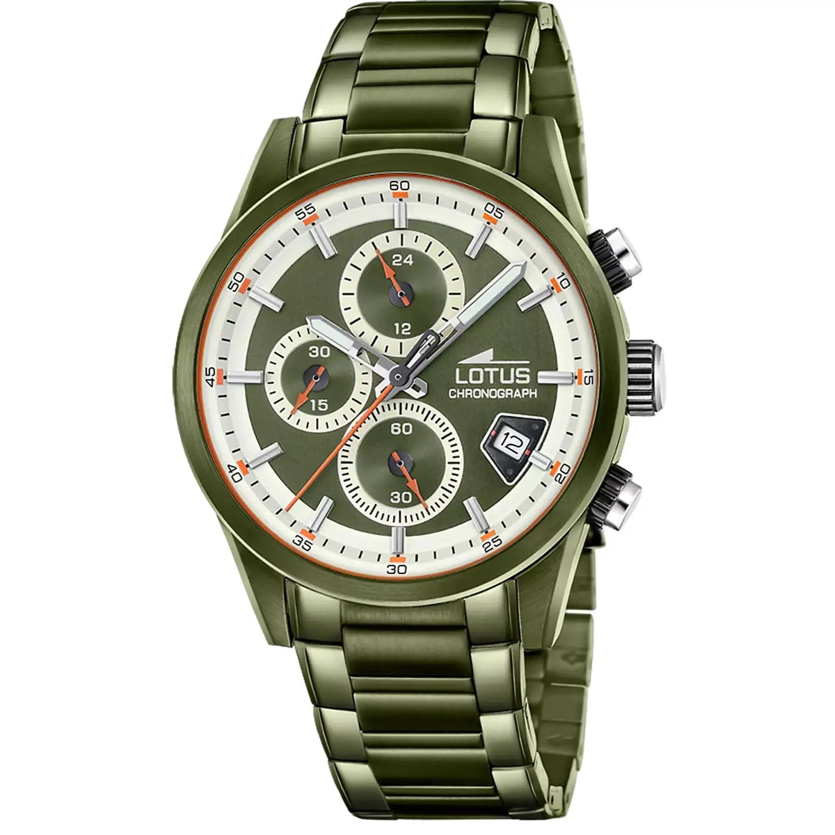 Lotus Pulse Collection men's watch 19090/1 features a dual display chronograph, military green stainless steel band, quartz movement, and date function, perfect for daily wear. Ideal watches for men who appreciate style and d