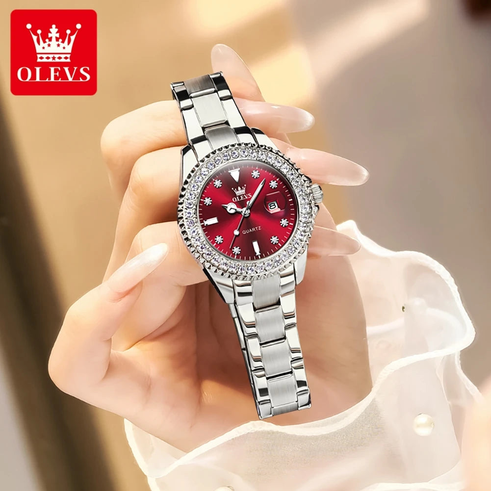 Reloj de pulsera elegante para mujer OLEVS, resistente al agua, con calendario luminoso, reloj de cuarzo para mujer de acero inoxidable, rojo, femenino